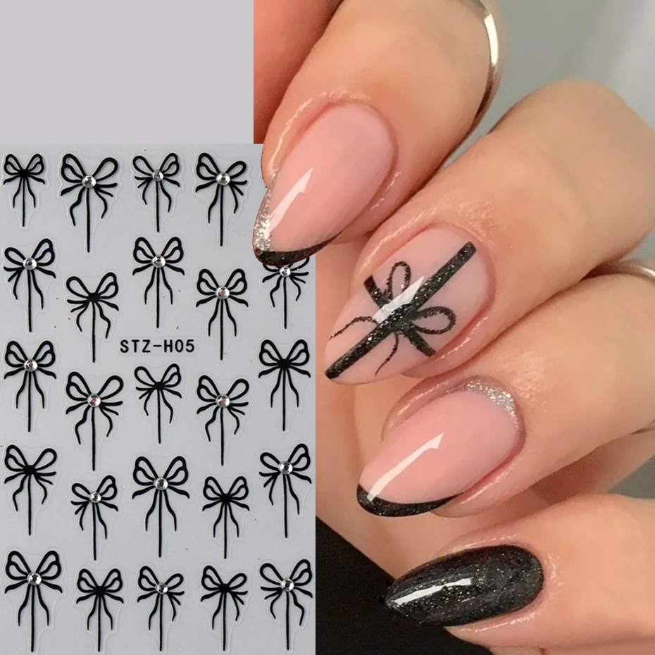 2개 3D 라인스톤 리본 네일 아트 스티커 반짝이는 크리스탈 블랙 리본 접착 장식품 새해 DIY 네일 용품
