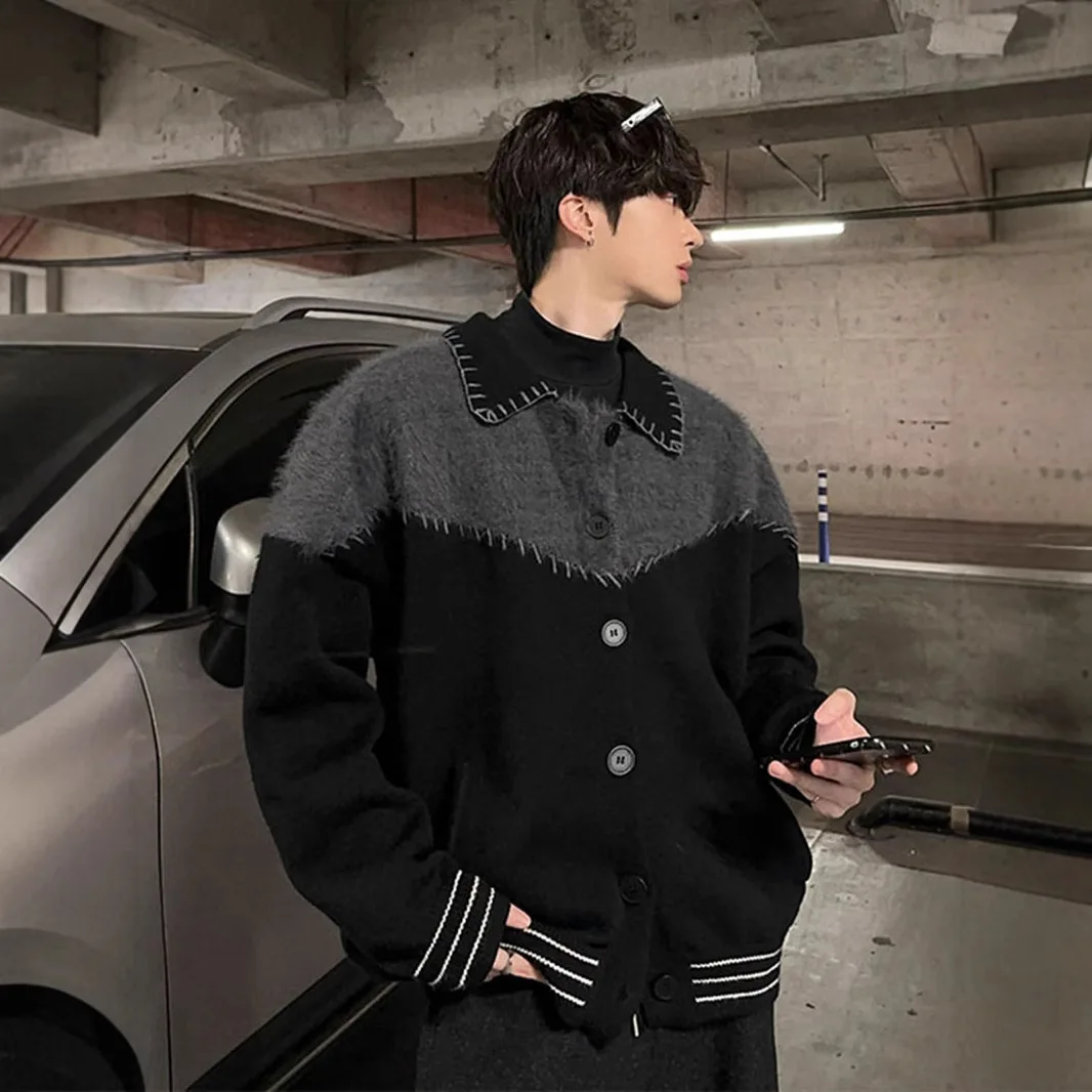 Men Knitted Cardigan Sweaters Patchwork Jumpers Single Breasted Long Sleeves Turn Down Collar Loose Casual 2025 Autumn Winter