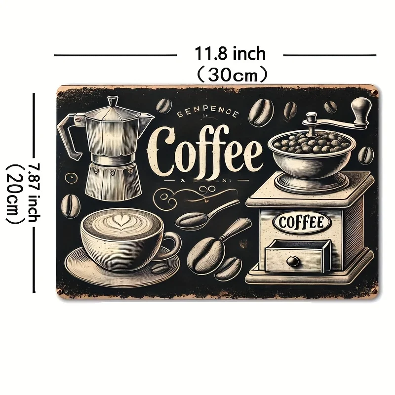 2D Flat, 1pc Vintage Metal Tin Sign Wall Art - Coffee Theme Retro Decor with Espresso Machine, Coffee Beans & Grinder Design - 8