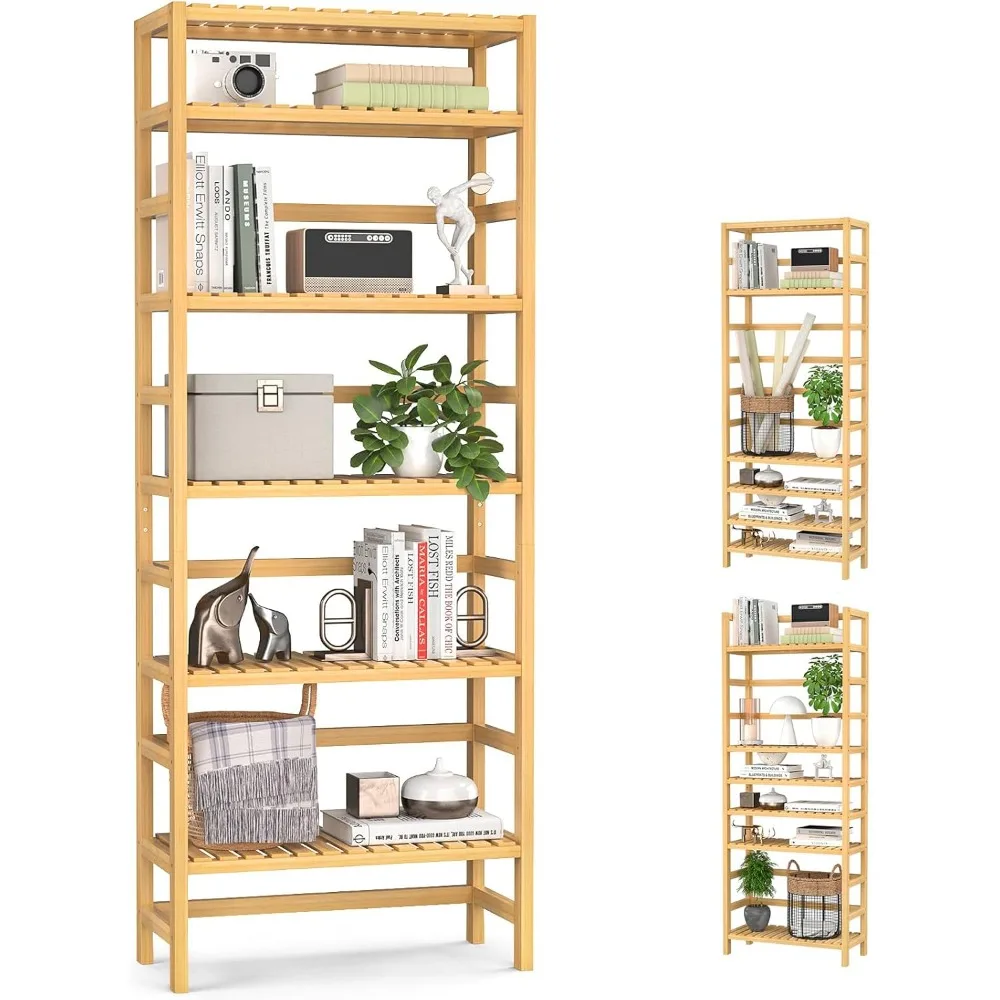 6-Tier Bamboo Bookshelves and Bookcases, Adjustable Tall Shallow Book Shelf Organizer Rack