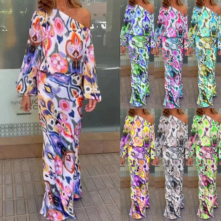 Two Piece Set For Women Color Printed Long Sleeve Slant Collar Tops Slim Skirt Ladie Sets 2023 Autumn New Fashion Elegant MsChuh