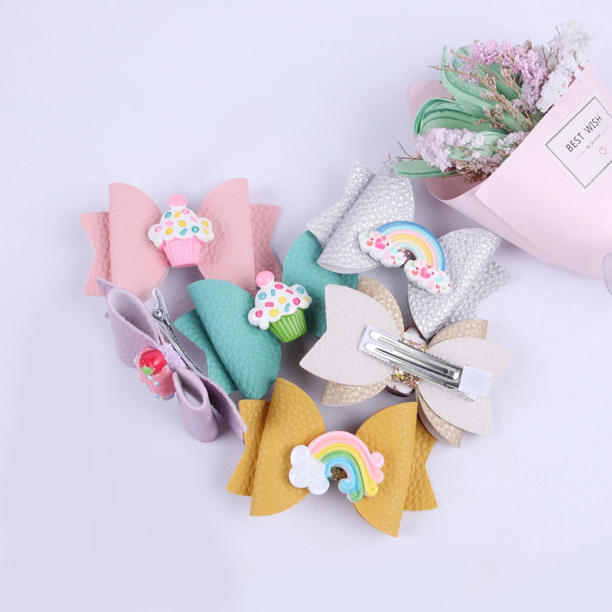 1PC PU Leather Hair Bows with Clips 3inch Bows Rainbow Hair Clips Girls Barrettes Children Kids Hairpins Party Hair Accessories