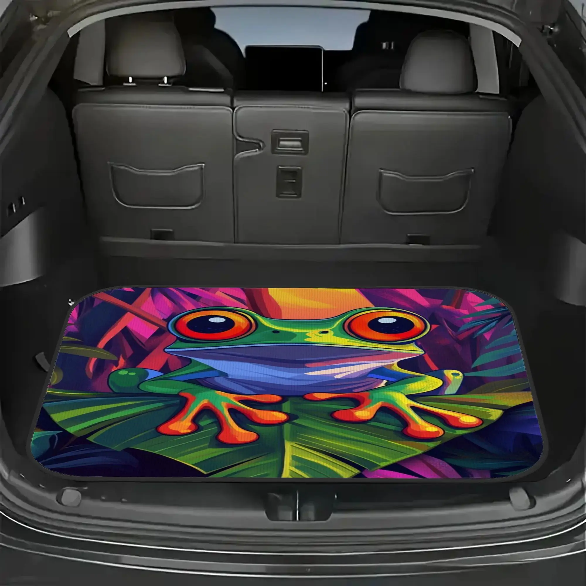 One-Piece Car Trunk Mat Featuring A Neon Frog Design – Made From Durable Polyester, Heavy-Duty And Machine Washable, Providing E