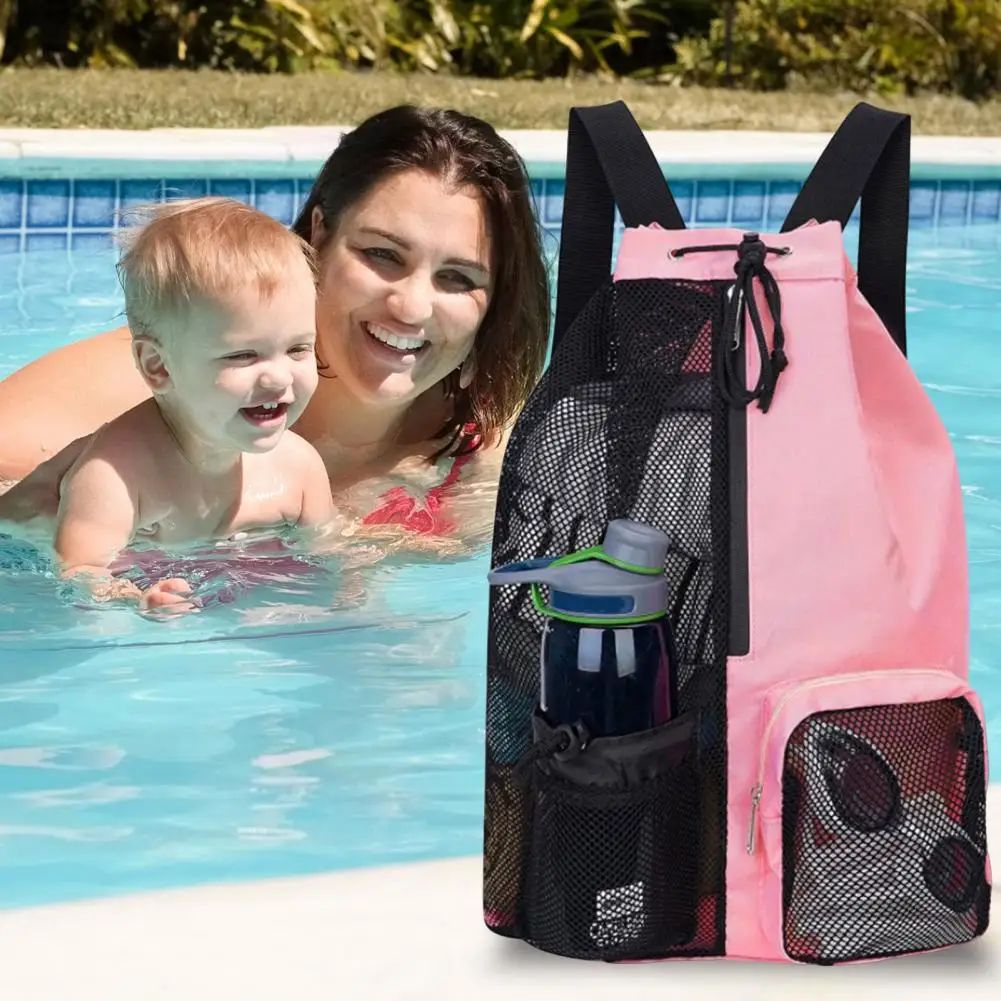 Swimming Bag with Wet Pockets Mesh Fabric Sports Bag Outdoor Swimming Mesh Backpack with Adjustable Drawstring Wet Pocket Sports