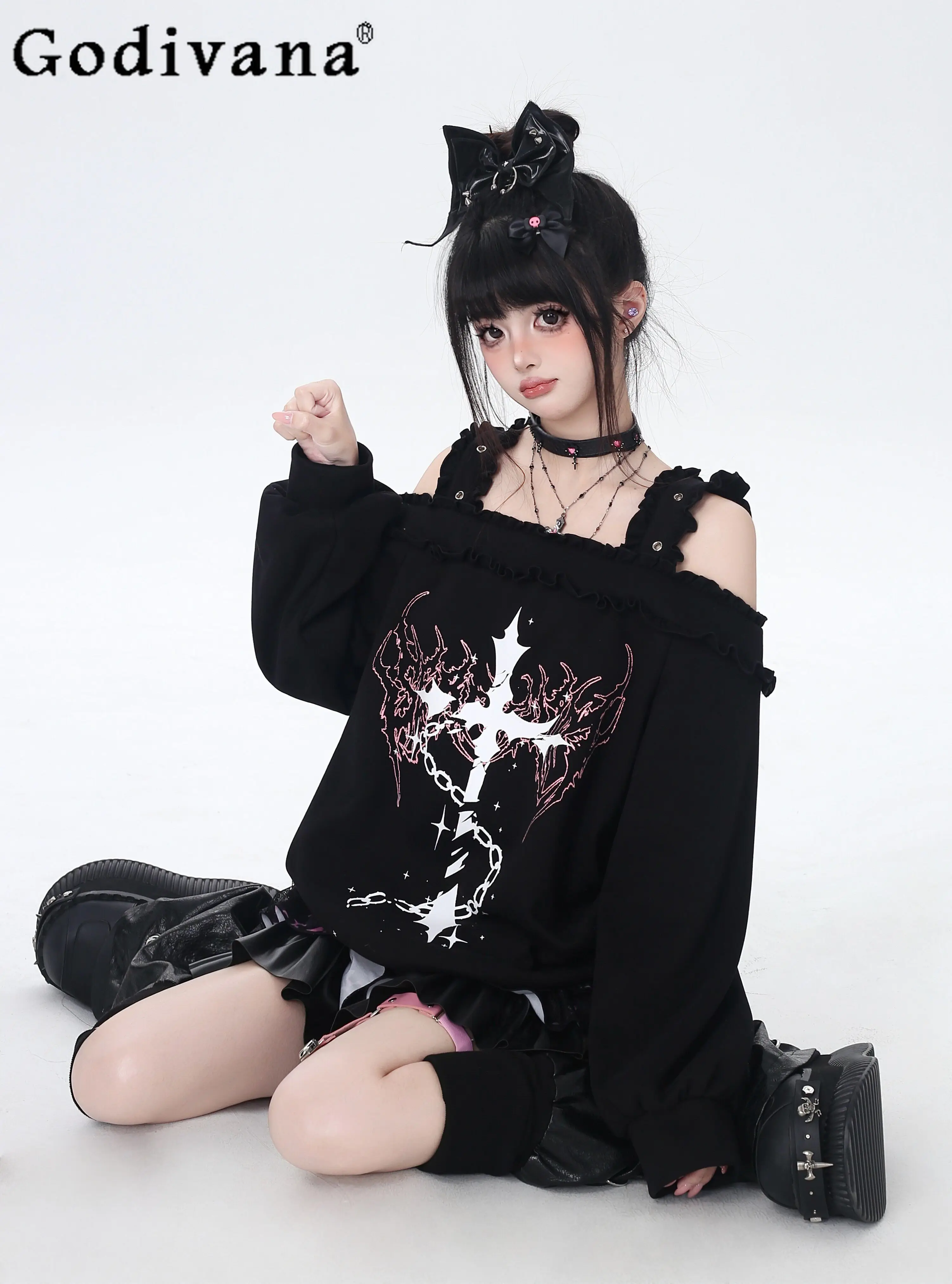 

Original Subculture Y2k Black Gray Hoodies Sweatshirts 2026 Student Sweet Cool Girlie Loose Off-the-shoulder Top Women's Clothes