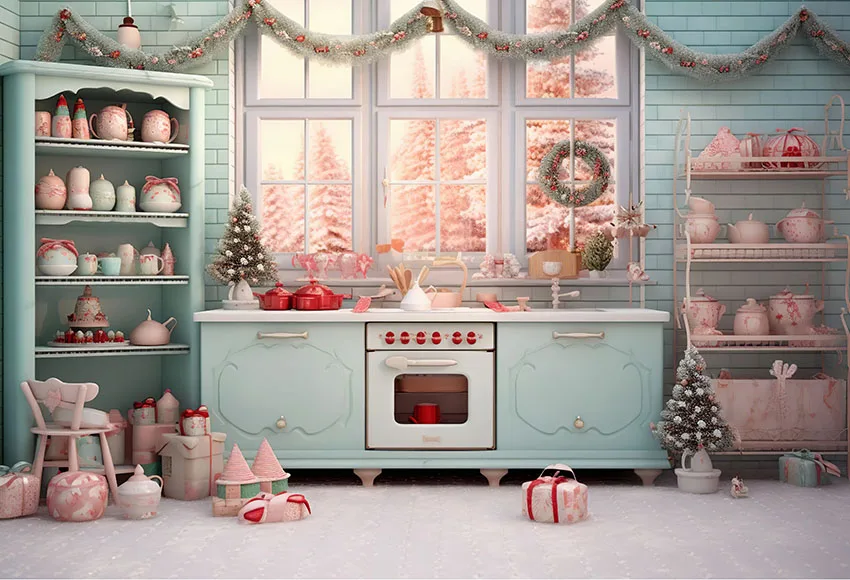 Mehofond Christmas Kitchen Sweet Party Background Retro Blue Cupboard Xmas Tree Decor Dessert Backdrop Kids Studio Photozone