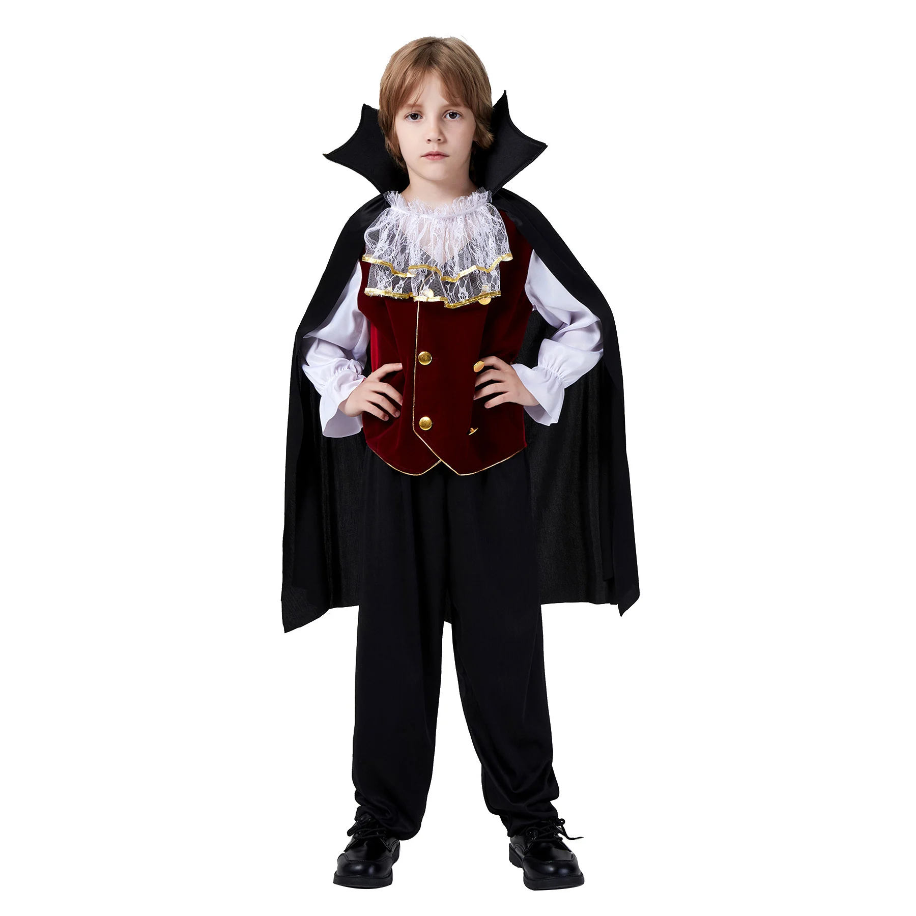 Königliches Vampir-Kostüm für Kinder, 3-teiliges Set, schwarzer Umhang + Oberteil + lange Hose, Halloween-Bösewicht-Cosplay für Jungen, europäisches Vintage-Zombie-Outfit – Detail 6