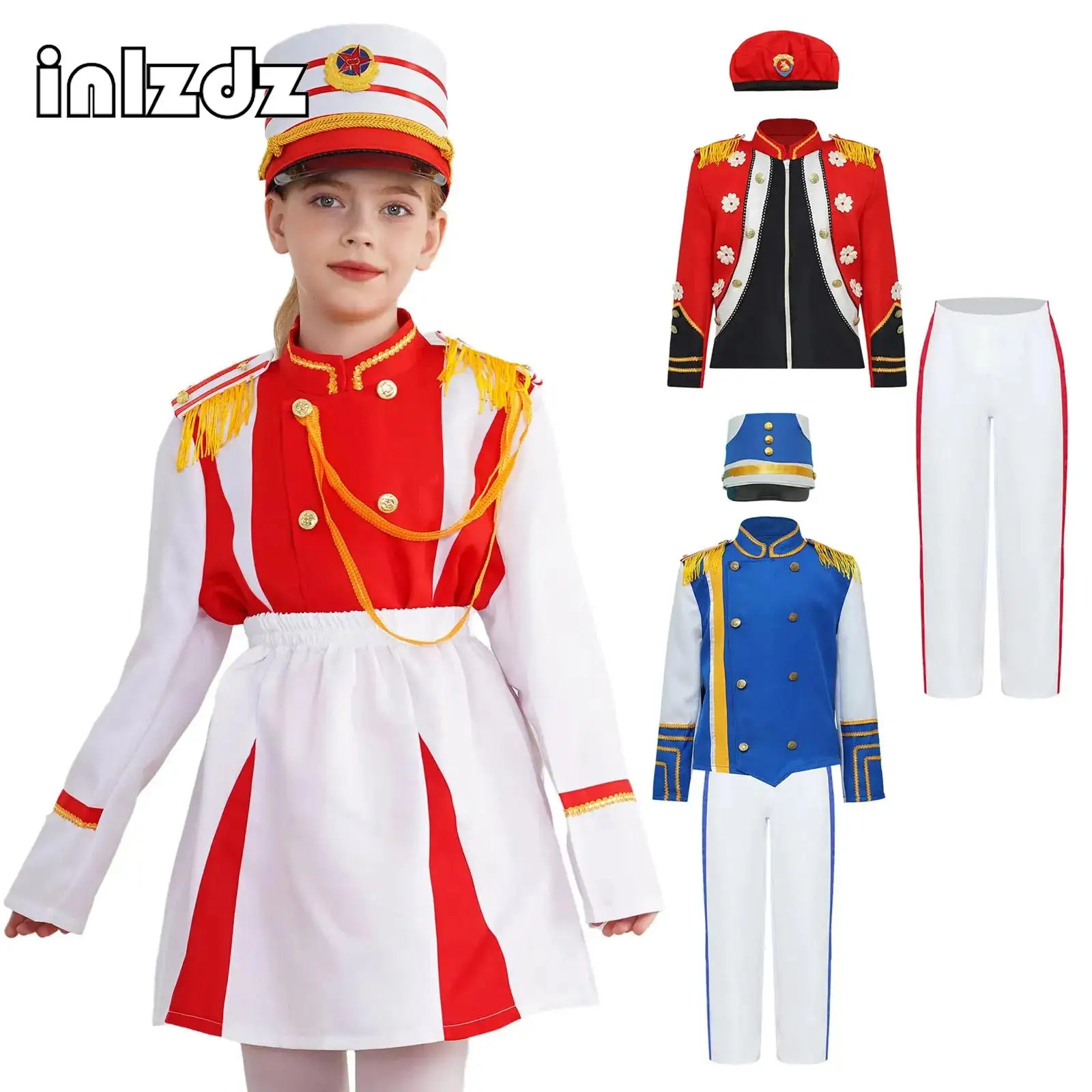 Ragazzi Ragazze Tamburo Tromba Performance Costume Batterista Direttore Marching Band Outfit Nappa Circo Giacca Cappotto con Cappello Pantaloni Set