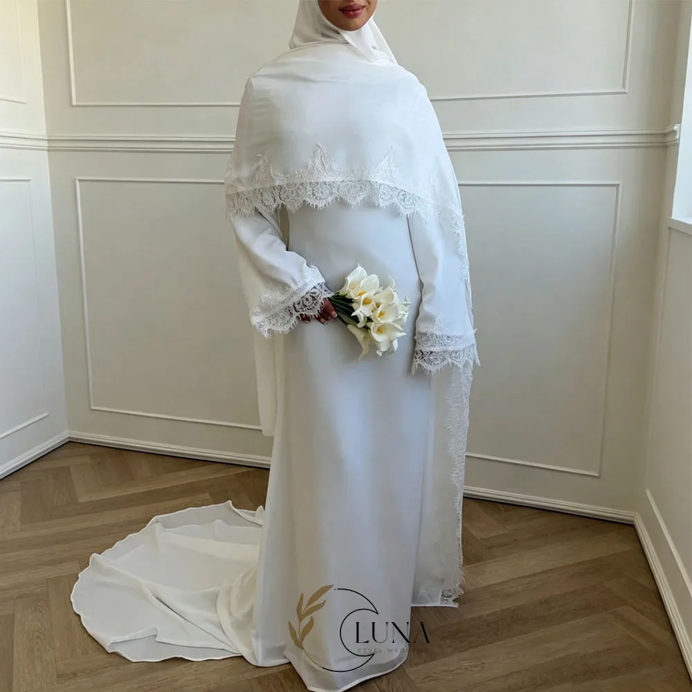 Luna Maßgeschneiderte Langarm-Muslimische Hochzeitskleider mit Spitzen-Cape-Ärmeln und Schleppe Brautkleid 2026 Neues Abendkleid