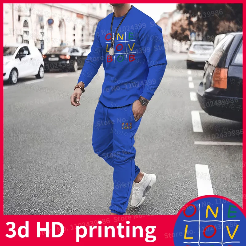 Traje de manga larga con estampado 3D de One Love para hombre, camiseta de pantalones de Bob Marley, chándal informal de calle de moda negra de 2