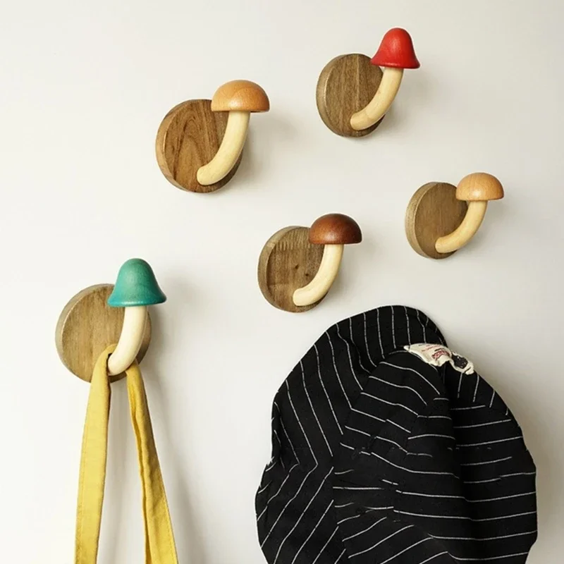 Gancho de cogumelo de madeira para roupas, chapéus, suporte autoadesivo para pendurar na parede, cabide de chave sólido, gancho de armazenamento de porta, decoração de casa b03e