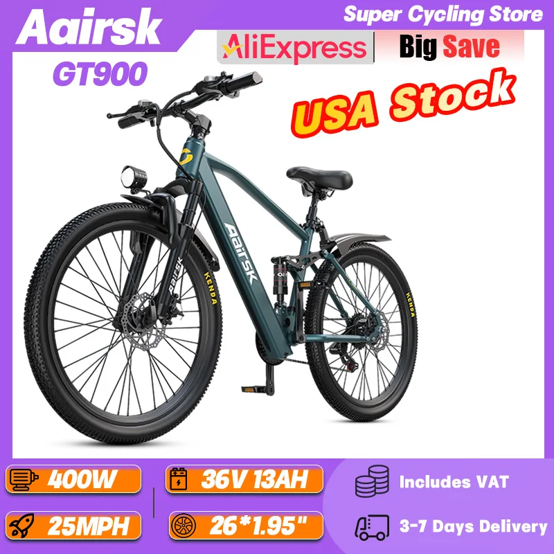 

Aairsk GT900 взрослый городской внедорожный электровелосипед 400 Вт 36 В 13 Ач горный электрический велосипед 26*1,95-дюймовый электрический велосипед с двойной подвеской