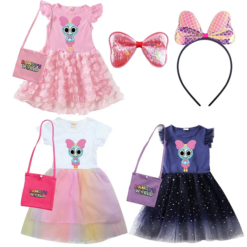 Dd54Anime Dandy's Dress 키즈 캐주얼 포켓 의상 아기 소녀 Dandys World Ears 드레스 (가방 머리띠 포함) 유아 소년 Clo