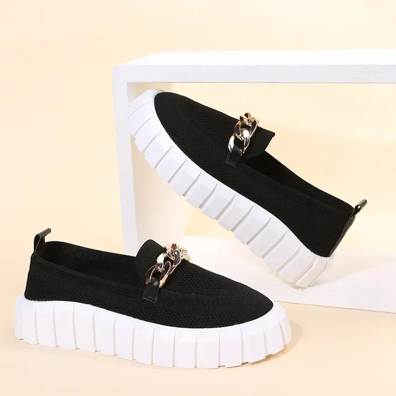 

New Women Shoes Spring Fashion Slip on Flat Casual Shoes Metal Platform Increase Ladies Loafers Outdoor Breathable Walking Shoes