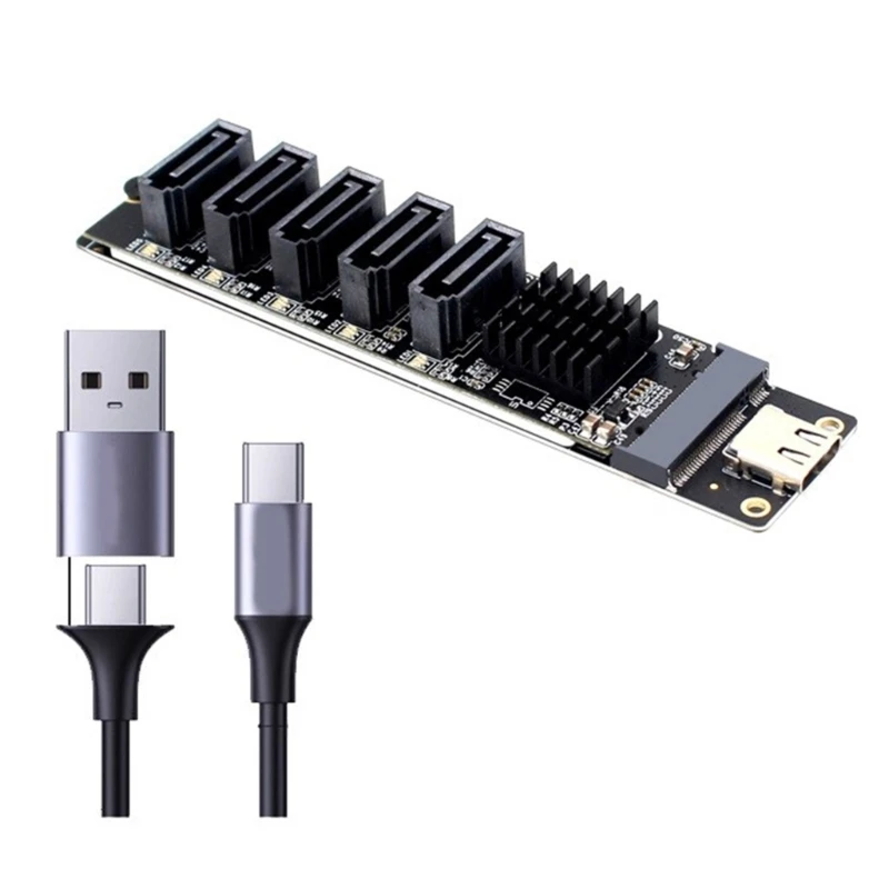 TypeC PCIE To 5 Port SATA3.0 Adapter Card, 6Gbps Transfer Aluminium Heat Sink Drop shipping