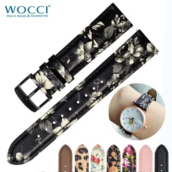 WOCCI Women Flower Watch Band Genuine Leather Strap 18mm 20mm 22mm Watchband Quick Release Bracelet Stainless Black Buckle