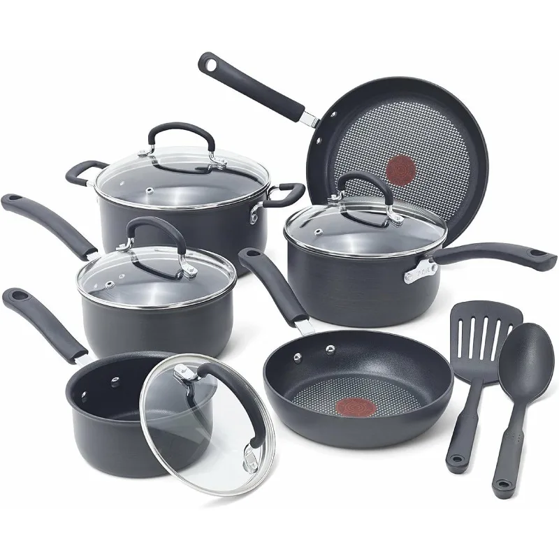 

T-fal Ultimate Hard Anodized Nonstick Cookware Set 12 Piece, Oven Broiler Safe 400F, Lid Safe 350F, Kitchen Cooking Set w/ Fry