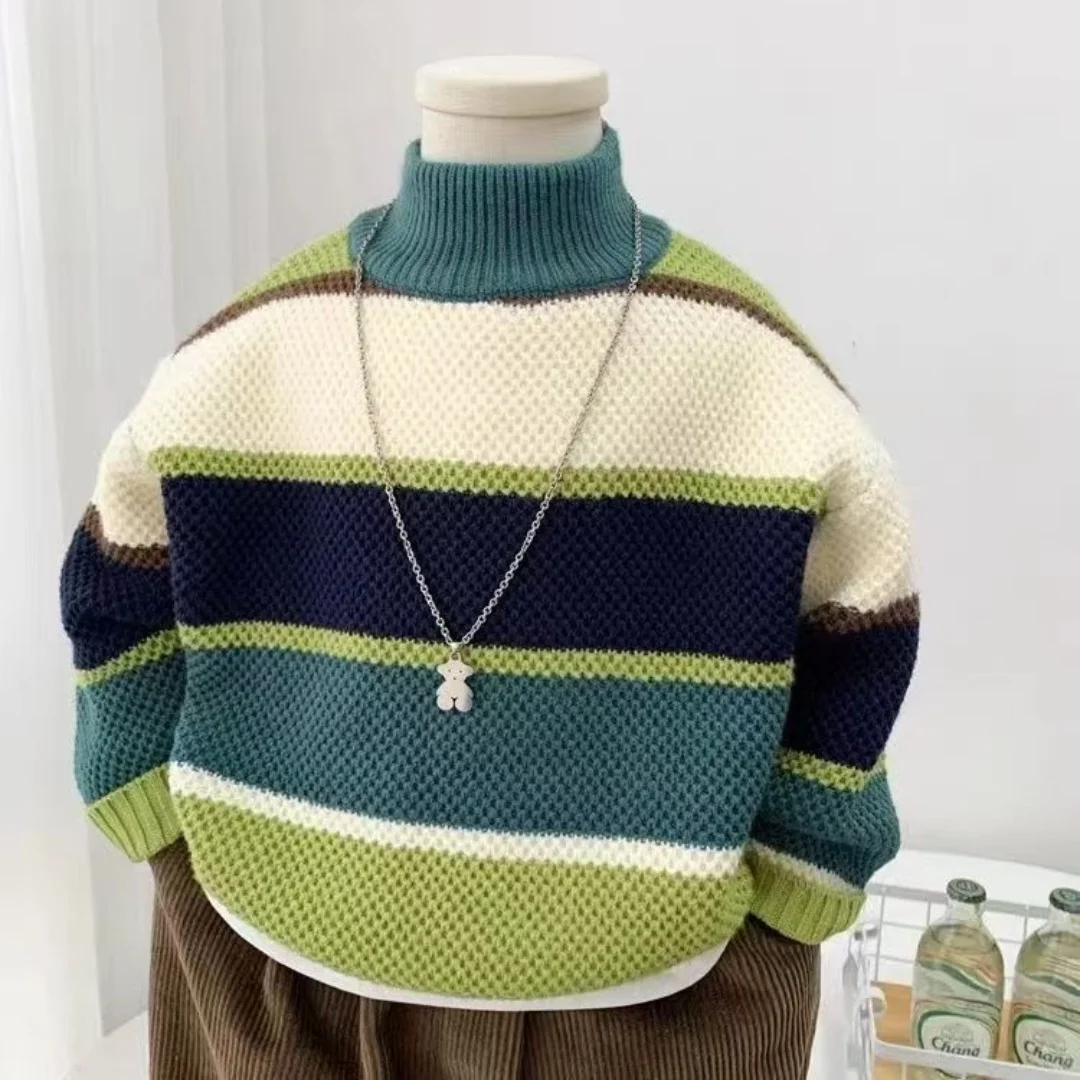 

Boys' Half High Collar Sweater 2026 New Winter Boys' Contrast Striped Base Knitted Sweater Children's Knitted Sweater