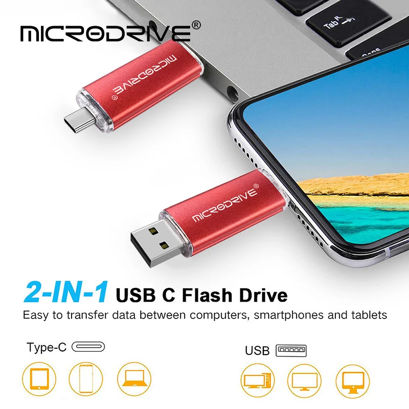 محرك أقراص OTG 2 في 1 مع USB-C 8G 16GB 32GB 64GB Flash Usb Memory Stick Flash Pendrive 128GB 256G 512G U قرص القلم مع نوع C