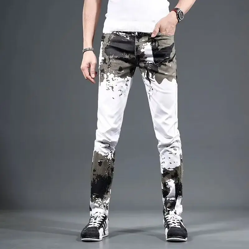 

Jeans for Men Trousers White Skinny Slim Fit Man Cowboy Pants Tight Pipe Designer Stacked Japanese Street Style Aesthetic Goth
