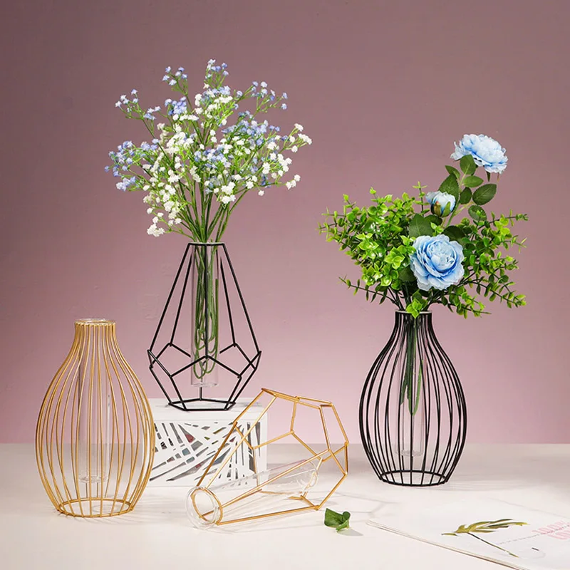 Nordic Ins Home Decoration Iron Geometric Glass Plant Flower Vase Decoration Desktop Dried Flower Decorative Vase