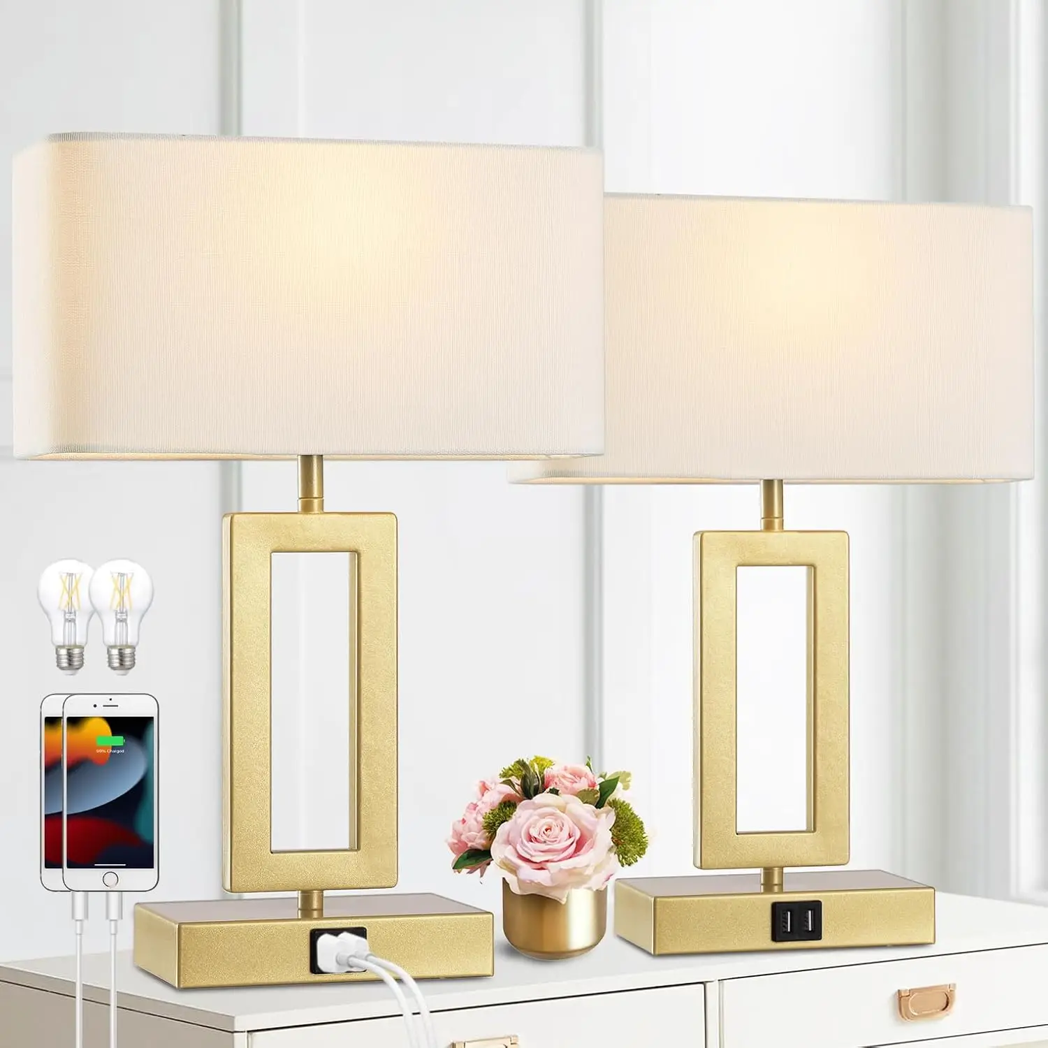 

Set of 2 Gold Table Lamps with Dual USB Ports, Dimmable Touch Control for Bedroom and Living Room, LED Bulbs Included