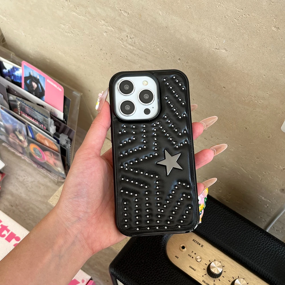 Modische Handyhülle mit silbernen Nieten und fünfzackigem Stern aus Leder, stoßfest, für iPhone 18 17 16 15 14 Pro Max 13, Schutzhülle – Detail 3