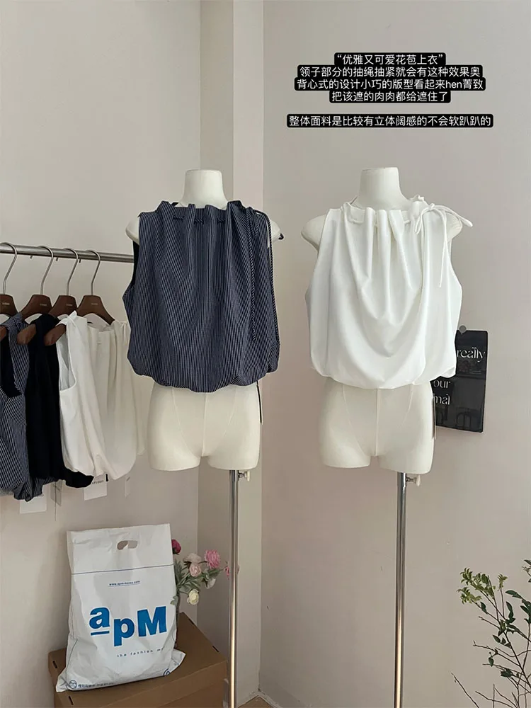 Advanced Sense Fashion Bandage Sleeveless Camisole Women Summer Elegant Kawaii Crop Tops Trend Temperament Sexy Tees Mori Girl