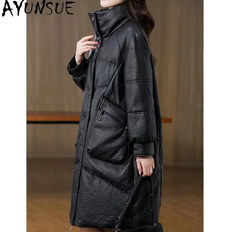 AYUNSUE Giacca in vera pelle da donna Trench di media lunghezza Cappotto in vera pelle di pecora Abbigliamento invernale da donna 90% Piumini d'anatra bianca