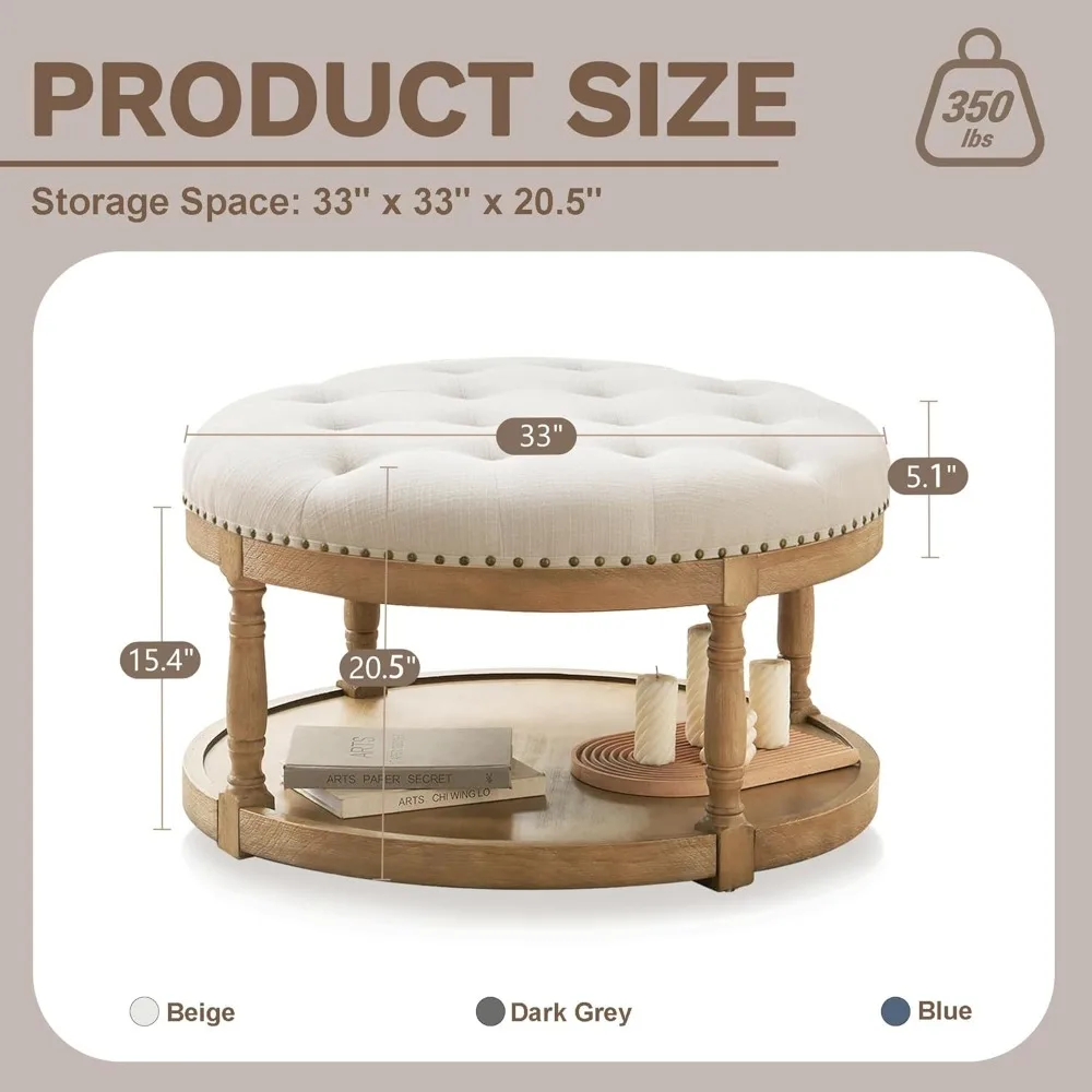 33 طاولة قهوة عثمانية مستديرة كبيرة مع مساحة تخزين، مسند قدم منجد من الكتان مع رف تخزين خشبي للمزرعة