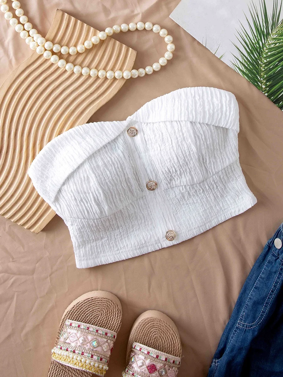 

Women's Spring and Summer Solid Color Metal Button Decoration Fashion Strapless Tube Top