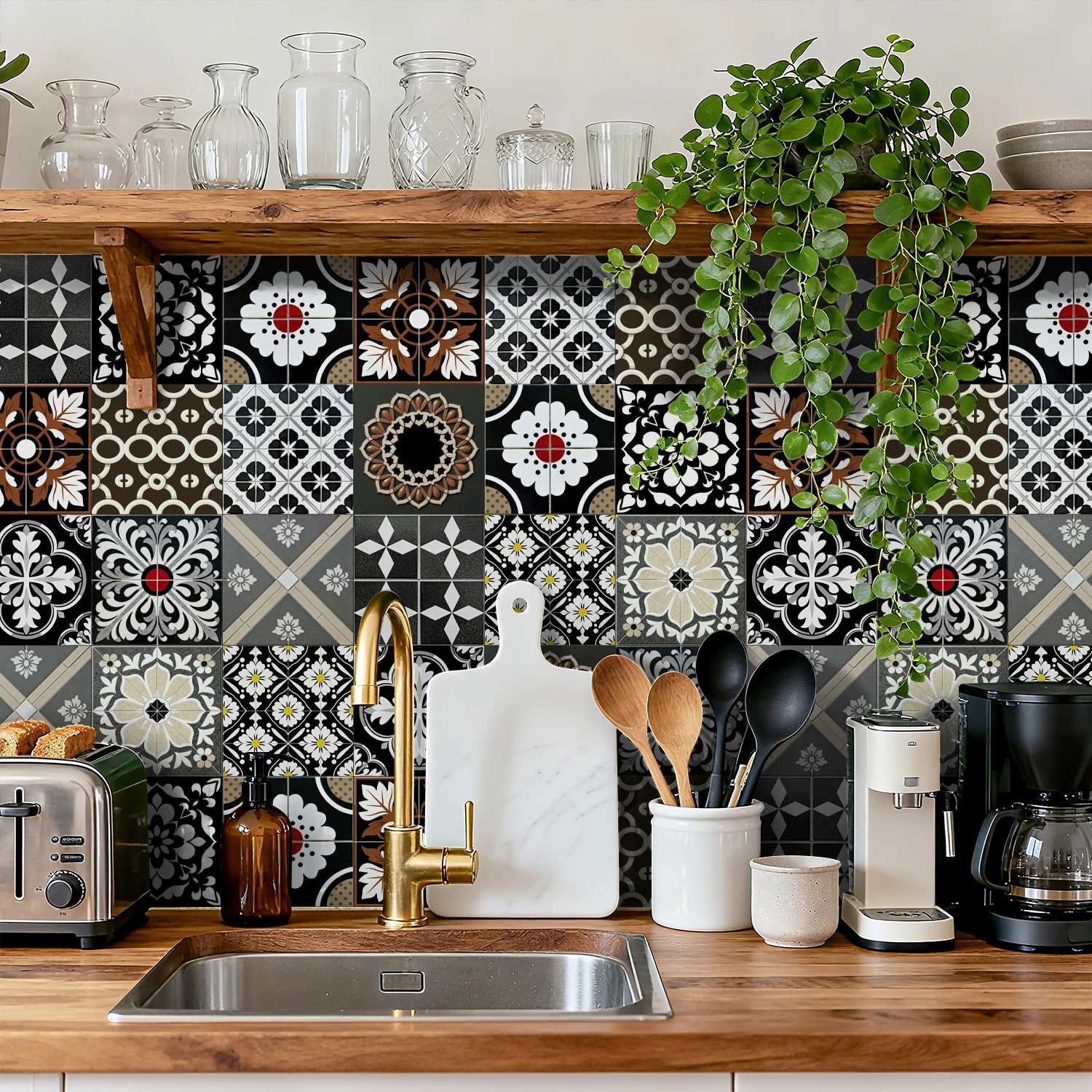 24pcs Moroccan black and white patterned tile combination self-adhesive wall stickers, kitchen and bathroom decorative stickers