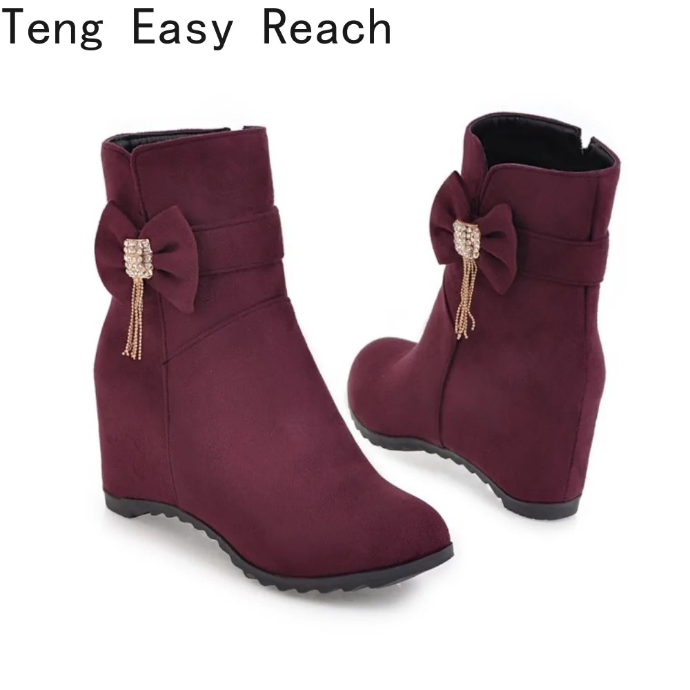 

Sexy Red Women Ankle Boots Round Toe Wedges High Heel 6cm Flock Suede Big Size 42 43 Black Female Booties