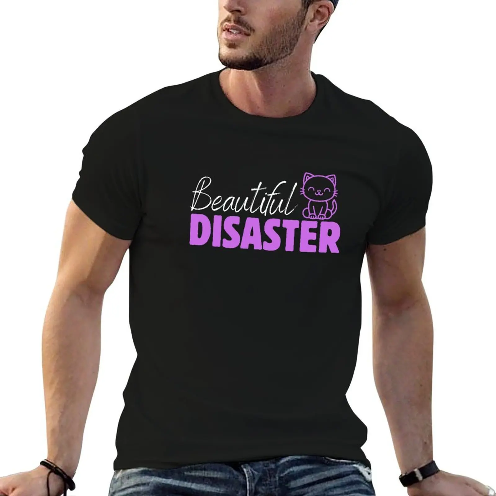 Beautiful disaster - cute purple kitty T-Shirt korean fashion Short sleeve tee mens graphic t-shirts big and tall