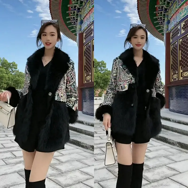 Faux Fur Coat for Women,Sequins Jacket,Covered Button Loose Long Overcoat, Thick Warm Female Clothing,New,High Quality,Winter