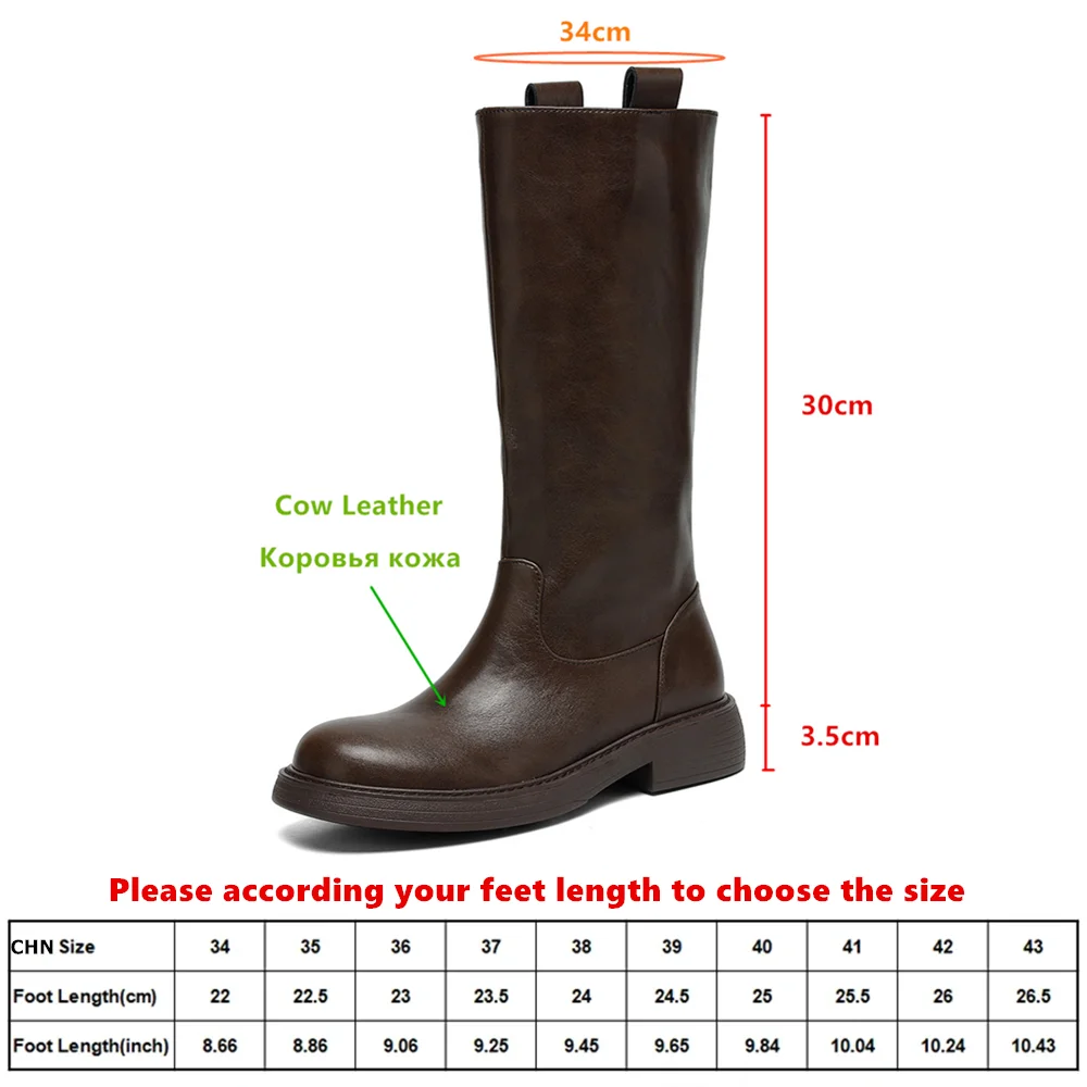 Aucegi Hot Sale British Style Women Riding Knee-high Boots Genuine Leather Round Toe Thick Heel Autumn Winter Casual Shoes