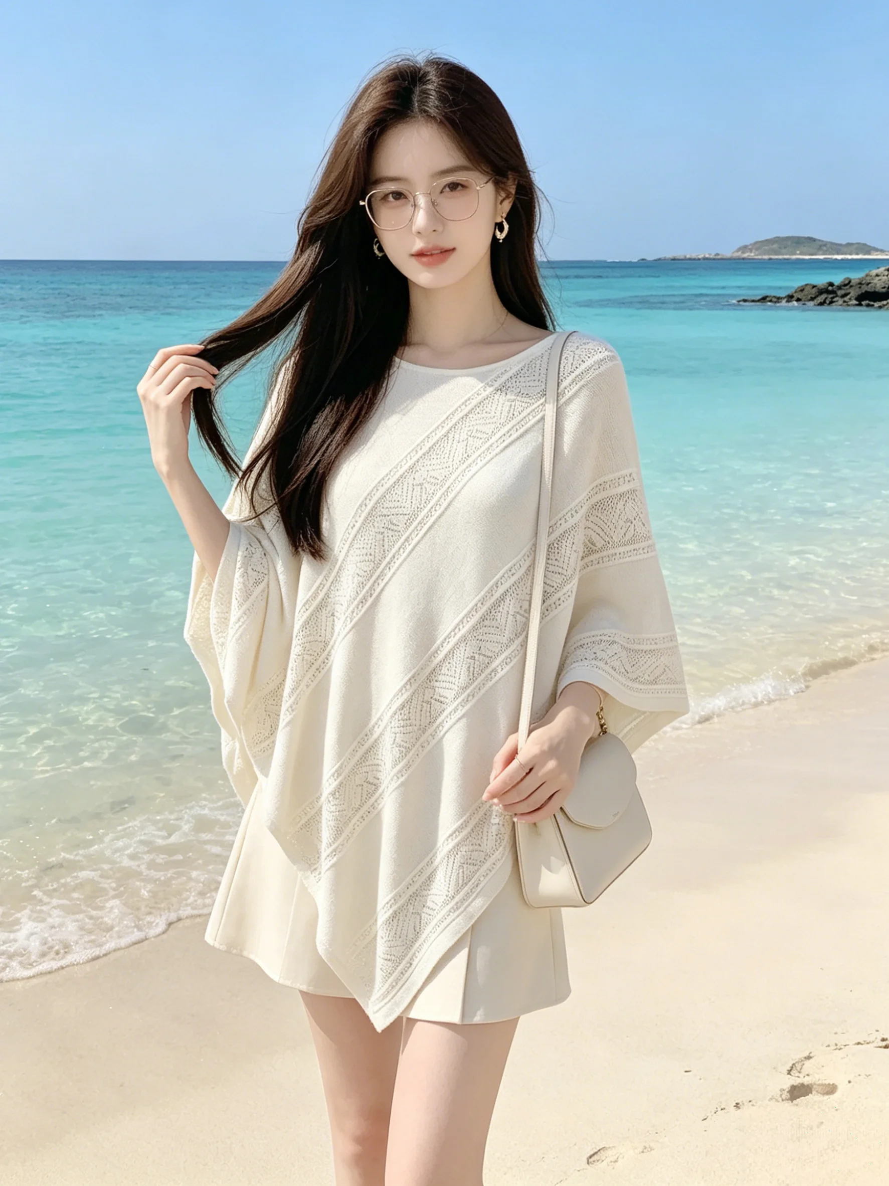 Summer Korean Style Batwing Sleeve Knitted Cloak Top Women's Soft Skin-friendly Loose Slimming Shirt Breathable Casual T-shirt