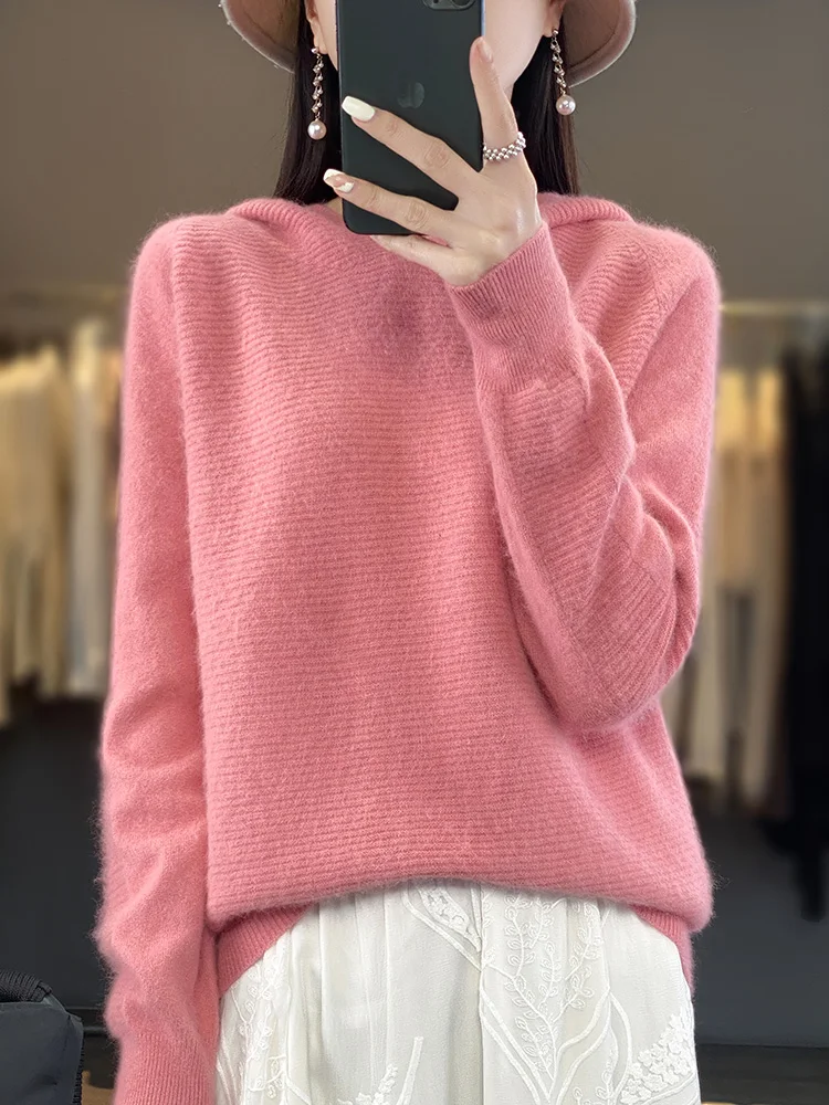 100% Mink Cashmere Hooded Sweater Women\'s New Knitted Pullover Fashion Loose Large Size Hoodie Autumn Long-Sleeved Thick Blouse