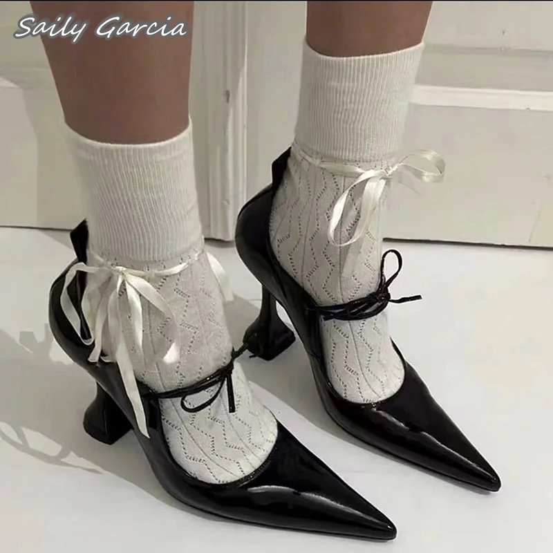 

Black Bow Strap Shallow Sexy Wineglass Heels 2024 New Design Slip On Casual Shoes Pointed Toe Glossy All-Match Women Sandals