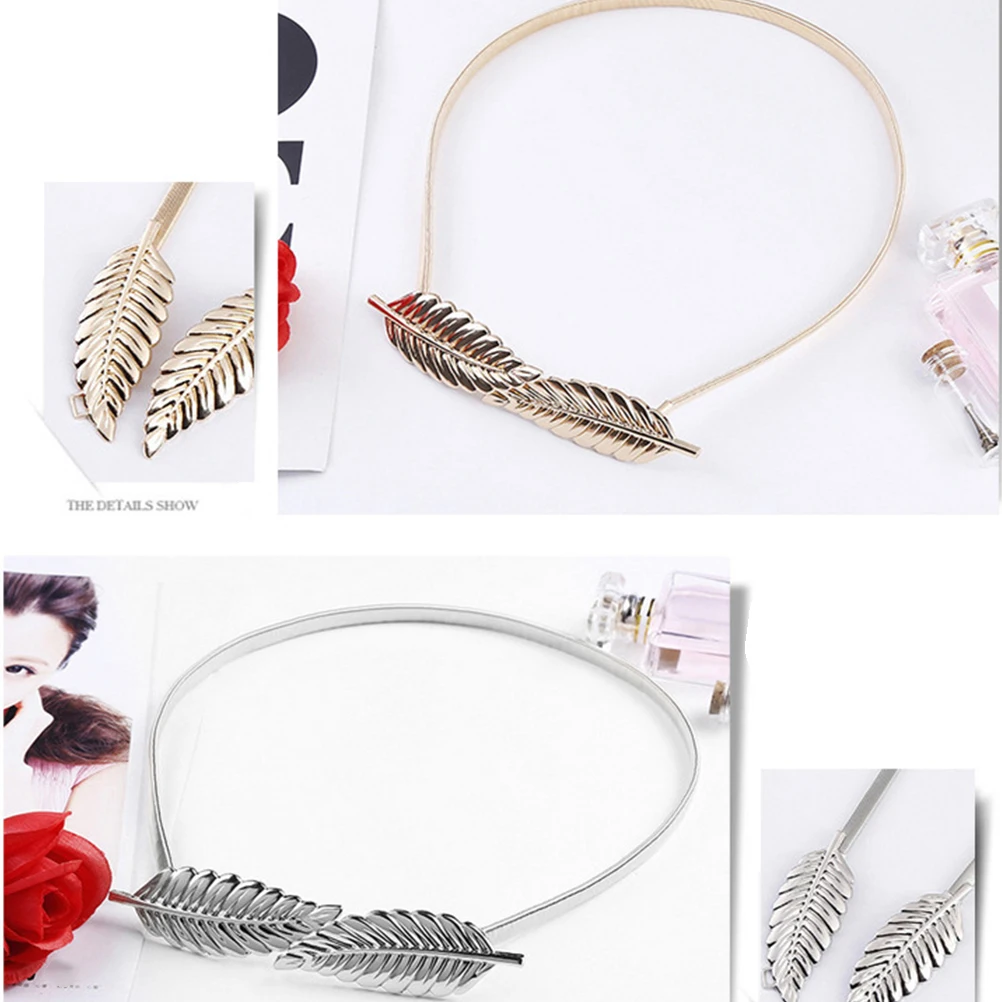 

Golden Leaf Shape Wedding Elastic Stretchy Waist Belt For Women Girls Adjustable Metal Decorative Skinny Strap Elegant Fashion