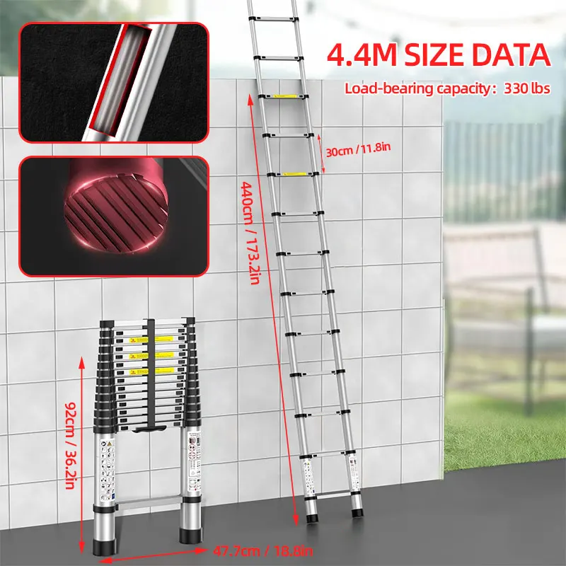 BRSTHECO 2,6/3,2/3,8/4,4/5,1/6,3 m telescopische roestvrijstalen ladders, lichtgewicht, capaciteit van 150 kg, kamerdecoratie