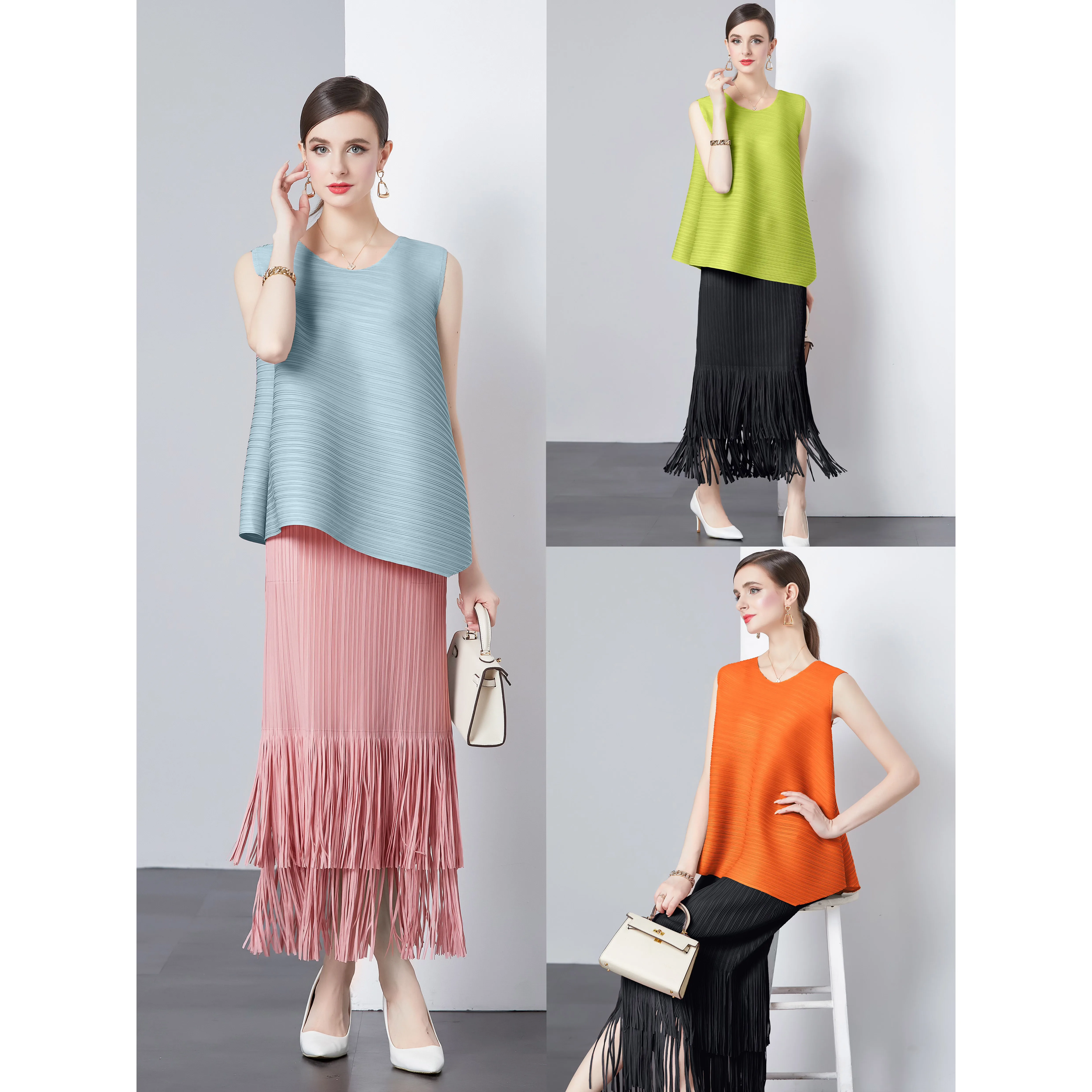 Miyake Foreign Style Irregular Loose Light Luxury Sleeveless Versatile Pleated Top with Double Fringed Hip Skirt 2024