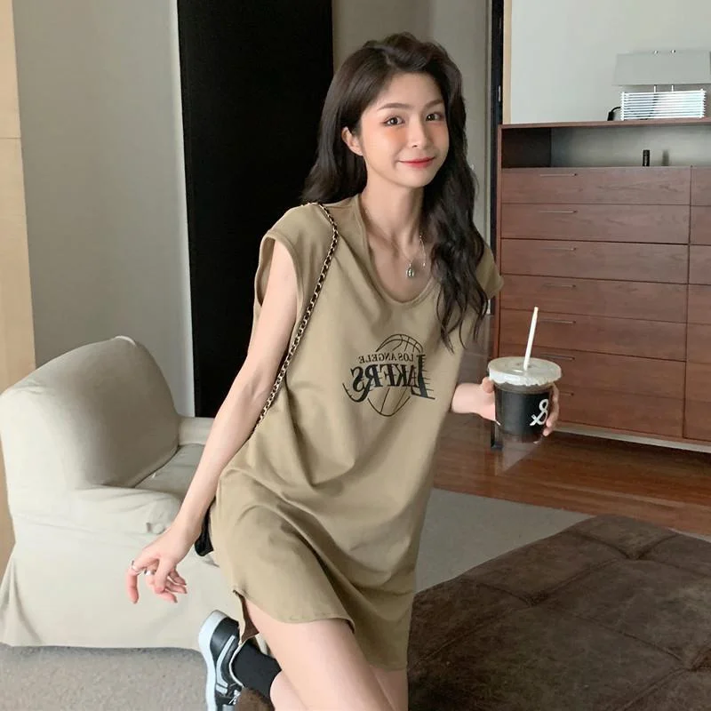 Women's Loose Mid-Length Sleeveless Sports Vest 2300 Pounds BF Style Summer Outdoor Wear Basketball Clothes round Neck Printe...