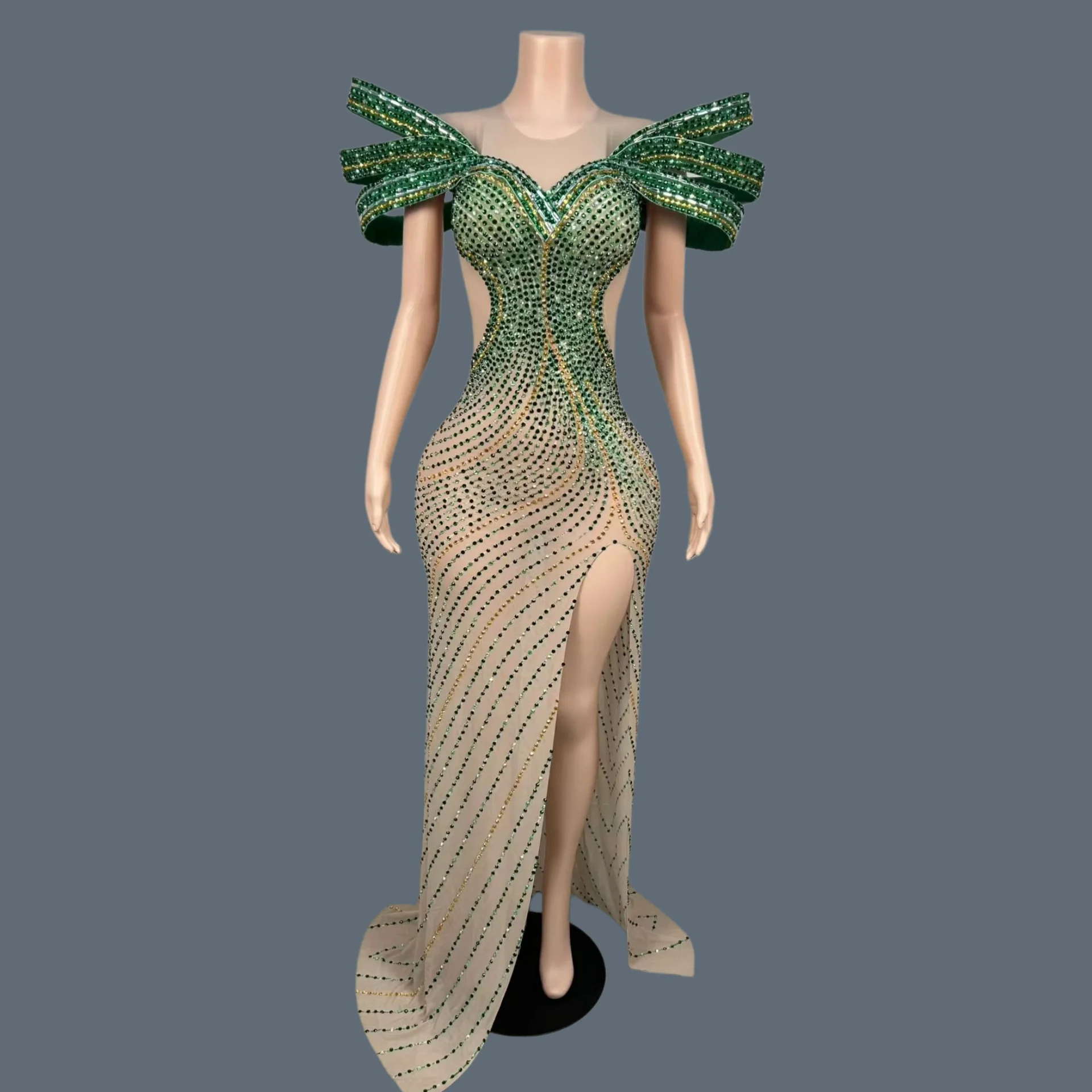 

Nightclub Party Luxury Evening Gown Sparkly Rhinestone High Side Slits Dress Gala Prom Red Carpet Elegant Long Formal Dress Bohe