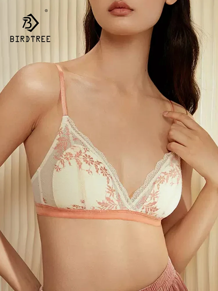 

BirdTree Lining 100%Mulberry Silk Thin Bra, Women Lace Wire Free, Sexy Fashion Comfortable Underwear, 2024 Summer New P42846QC