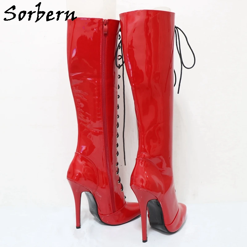 Sorbern Red Shiny 14cm Stilettos High Heel Unisex Boots Pointy Toes Zip Up Customized Shaft Length Cosplay Shoes For Sissy Boys