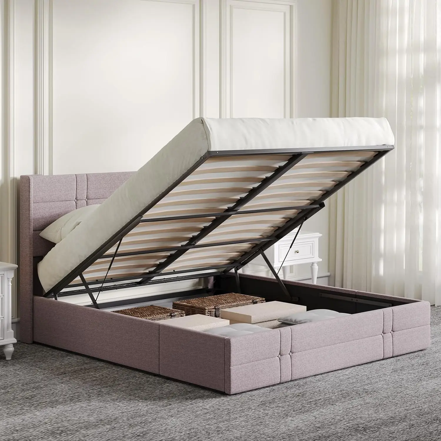 

Novilla Queen Size Lift Up Storage Bed, with Fabric Headboard,Hydraulic Storage, No Box Spring Needed,Wood Slats Support,Upholst