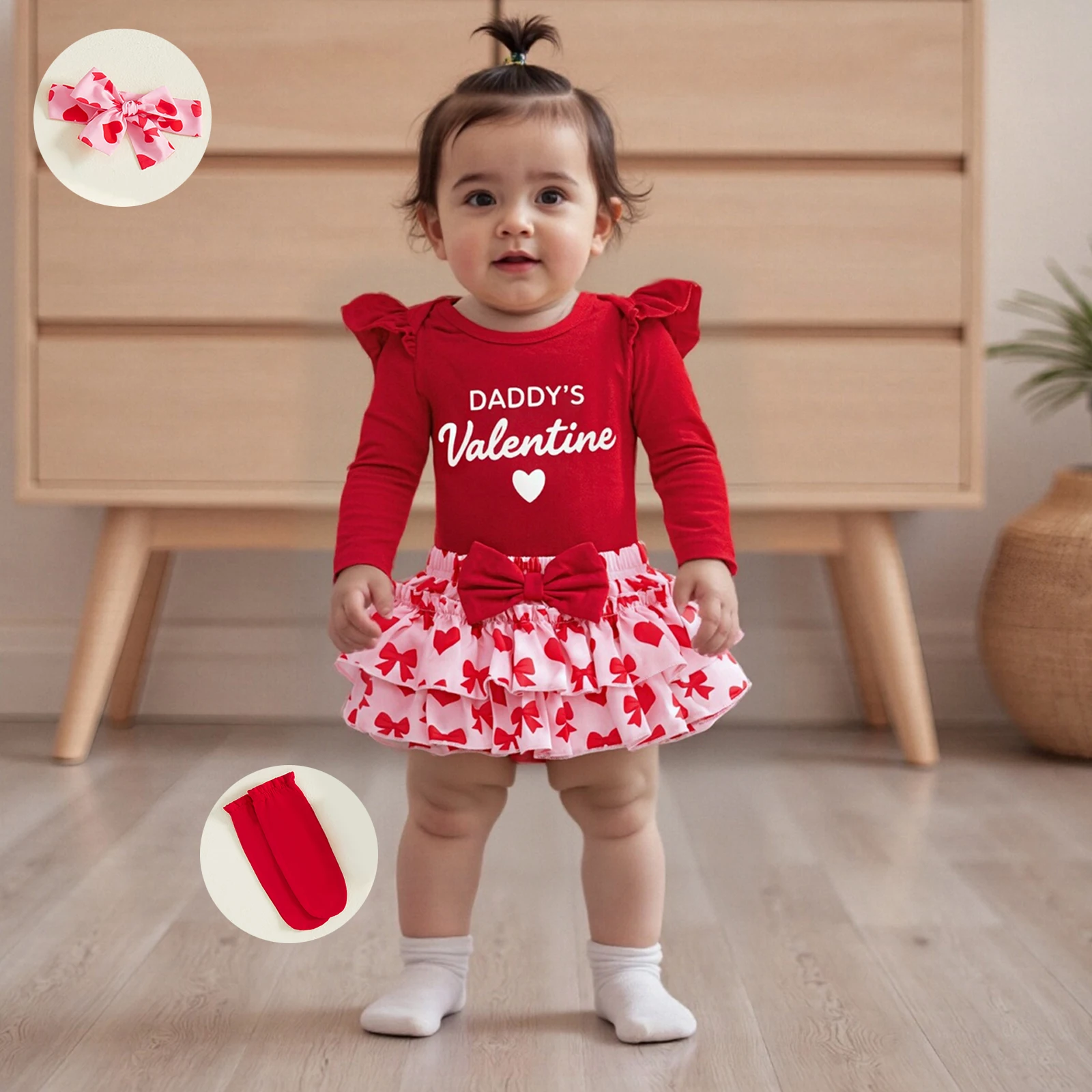 طفل الفتيات 4 قطع ملابس عيد الحب طويلة الأكمام جولة الرقبة إلكتروني طباعة بذلة عقال قصيرة توتو تنورة طماق مجموعة