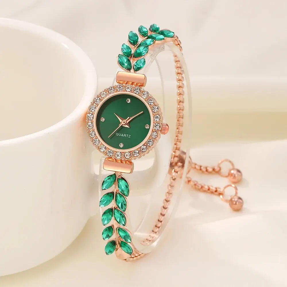 5PCS Set Luxury Leaf Watch Women Ring Necklace Earring Rhinestone Fashion Watch Casual Ladies Bracelet Watches Montre Femme