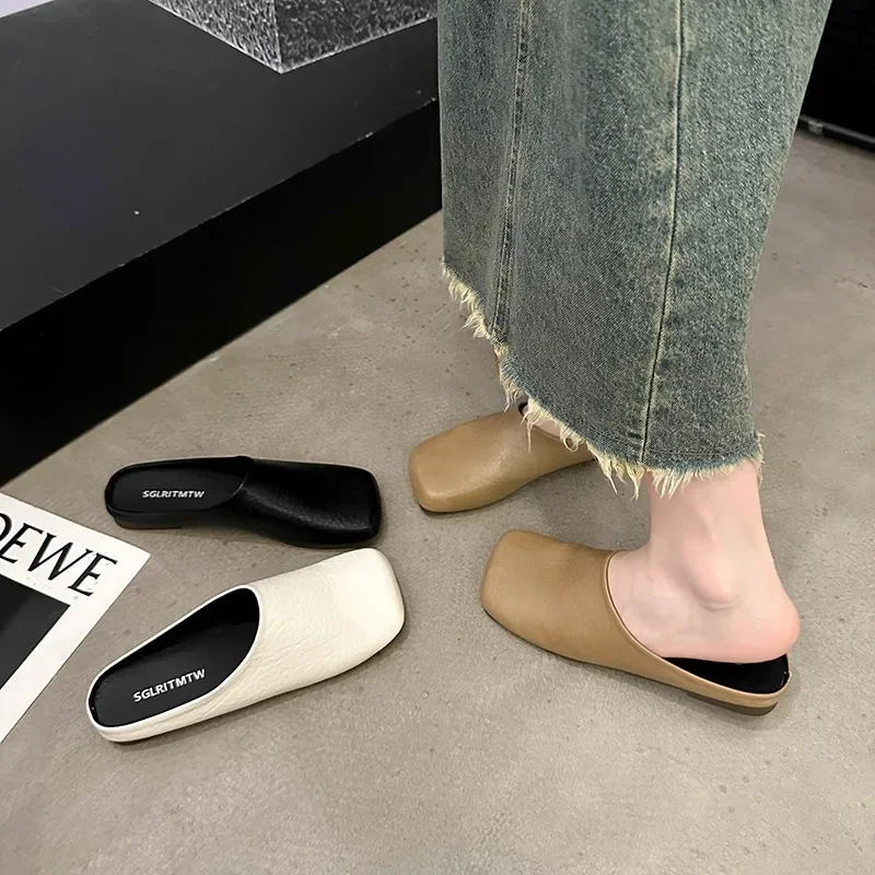 Square Toe Loafers Shoes Woman 2024 Slippers Flat Female Mule Low Pantofle Luxury Slides Cover Mules New Summer Designer Soft Re